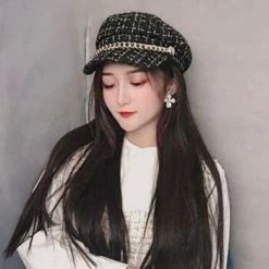 Coupon 🎁 Women Plaid-Tweed Newsboy-Baker-Boy Hat Captain-Sailor Fisherman Hat Peaked-Beret with Chain Black 🎁 -Men Skullies & Beanies Sales 311E5SBUQuL