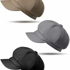 Wholesale ✨ 3 Pcs 👩 Women Newsboy Hats PU Leather Visor Beret Cabbie Hat 8 Panel Vintage 👩 Women Fiddler Cap Faux Leather Baker Boy Hat Gray, Black And Beige 🛒