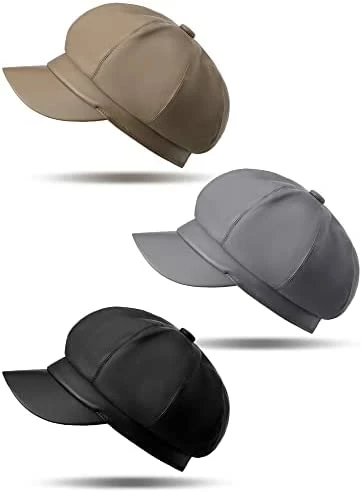 Wholesale ✨ 3 Pcs 👩 Women Newsboy Hats PU Leather Visor Beret Cabbie Hat 8 Panel Vintage 👩 Women Fiddler Cap Faux Leather Baker Boy Hat Gray, Black And Beige 🛒 3 Wholesale ✨ 3 Pcs 👩 Women Newsboy Hats PU Leather Visor Beret Cabbie Hat 8 Panel Vintage 👩 Women Fiddler Cap Faux Leather Baker Boy Hat Gray, Black And Beige 🛒