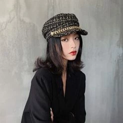 Coupon 🎁 Women Plaid-Tweed Newsboy-Baker-Boy Hat Captain-Sailor Fisherman Hat Peaked-Beret with Chain Black 🎁 -Men Skullies & Beanies Sales 31fGsMzVBwL
