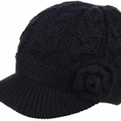 Coupon 😍 Womens Winter Elegant Cable Flower Knitted Newsboy Cabbie Cap Beret Beanie Hat With Visor, Warm Plush Fleece Lined Pastel Cable Flower-hat Gloves Set 😀