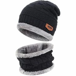 Best reviews of 🛒 Mens 👩 Womens Winter Beanie Hat Scarf Set Warm Knit Hat Thick Fleece Lined Winter Cap Neck Warmer For Men 👩 Women B Black 🔔