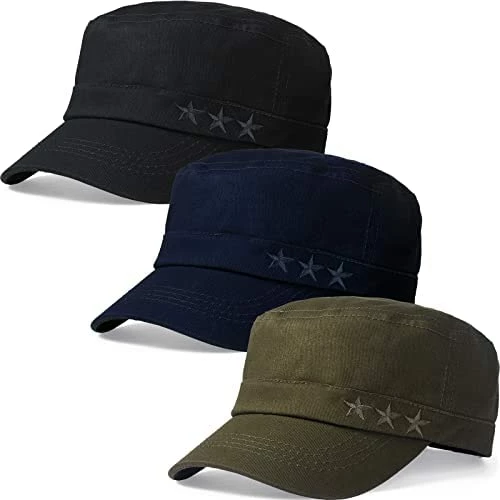 Brand new 😍 3 Pack Men's Cotton Military Caps Cadet Army Caps Embroidered Star Military Hats For Men Solid Patrol Cap Flat Top Hats Black, Army Green, Navy Blue 👏 3 Brand new 😍 3 Pack Men's Cotton Military Caps Cadet Army Caps Embroidered Star Military Hats For Men Solid Patrol Cap Flat Top Hats Black, Army Green, Navy Blue 👏