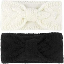 Flash Sale ⭐ Muryobao 👩 Women Winter Warm Ear Warmer Headband Cable Knit Fuzzy Fleece Lined Head Wrap Stretchy Thick Headband 2 Pack Black & Light Gre 🌟 -Men Skullies & Beanies Sales 41DEnll6I9L. AC