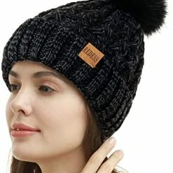 Coupon 💯 REDESS 👩 Women Winter Pompom Beanie Hat Fleece Lined Warm Hats, Thick Slouchy Snow Knit Crossed Cap For Ladies 🥰 -Men Skullies & Beanies Sales 41KG2d5aML. AC