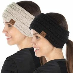 Flash Sale 🛒 Funky Junque Exclusives 👩 Womens Head Wrap Ponytail Headband Lined Knit Messy Bun 2 Pack - Black & Ivory 😉 -Men Skullies & Beanies Sales 41Mlth ZBL. AC