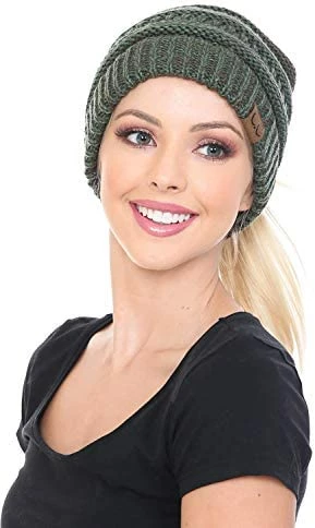 Promo 🔥 C.C BeanieTail Soft Stretch Cable Knit Messy High Bun Ponytail Beanie Hat Dark Olive 👍 4 Promo 🔥 C.C BeanieTail Soft Stretch Cable Knit Messy High Bun Ponytail Beanie Hat Dark Olive 👍 - Image 2