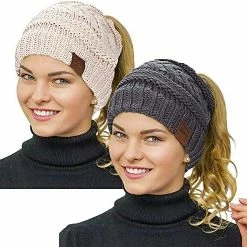 Best deal 🛒 Rosoz 2 Pack Ponytail Beanie For 👩 Women,Winter Warm Beanie Tail Soft Stretch Cable Knit Messy High Bun Hat Khaki/light Grey ✨ -Men Skullies & Beanies Sales 514Hxovq8bL. AC