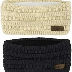 Flash Sale ⭐ Muryobao 👩 Women Winter Warm Ear Warmer Headband Cable Knit Fuzzy Fleece Lined Head Wrap Stretchy Thick Headband 2 Pack Black & Light Gre 🌟 -Men Skullies & Beanies Sales 517CxfGfREL. AC