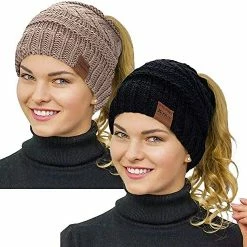 Best deal 🛒 Rosoz 2 Pack Ponytail Beanie For 👩 Women,Winter Warm Beanie Tail Soft Stretch Cable Knit Messy High Bun Hat Khaki/light Grey ✨ -Men Skullies & Beanies Sales 51GnlbUnGRL. AC