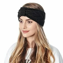 Flash Sale ⭐ Muryobao 👩 Women Winter Warm Ear Warmer Headband Cable Knit Fuzzy Fleece Lined Head Wrap Stretchy Thick Headband 2 Pack Black & Light Gre 🌟 -Men Skullies & Beanies Sales 51Kfa1PNWEL