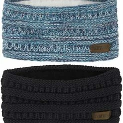 Flash Sale ⭐ Muryobao 👩 Women Winter Warm Ear Warmer Headband Cable Knit Fuzzy Fleece Lined Head Wrap Stretchy Thick Headband 2 Pack Black & Light Gre 🌟 -Men Skullies & Beanies Sales 51OM3g9v 9L. AC