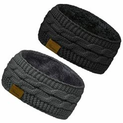 Outlet 🤩 2 Pack Ear Warmer Headband 👩 Women Winter Cable Knit Headband Twist Fuzzy Fleece Lined Gifts Stocking Stuffers For Mom Deep Black, Beige ❤️