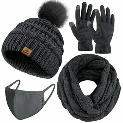 New 👏 URATOT Winter Warm Knitted Sets Knitted Beanie Hat Scarf Face Cover Touchscreen Gloves Set For Men 👩 Women Navy 🎉