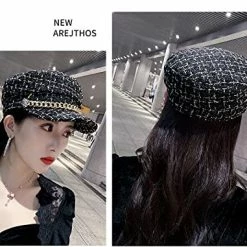 Coupon 🎁 Women Plaid-Tweed Newsboy-Baker-Boy Hat Captain-Sailor Fisherman Hat Peaked-Beret with Chain Black 🎁 -Men Skullies & Beanies Sales 51eoyQifiFL