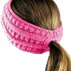 Flash Sale 😍 C.C Cable Knit Fuzzy Lined Ear Warmer Ponytail Pony Headband 🍬 Candy Pink ❤️ -Men Skullies & Beanies Sales 51hv KisMdL. AC