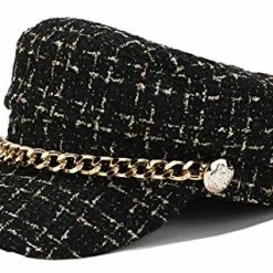 Coupon 🎁 Women Plaid-Tweed Newsboy-Baker-Boy Hat Captain-Sailor Fisherman Hat Peaked-Beret with Chain Black 🎁