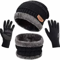 Coupon 🌟 MAYLISACC Winter Knit Beanie Hat Neck Warmer Scarf And Touch Screen Gloves Set 3 Pcs Fleece Lined Skull Cap For Men 👩 Women Navy--3 Pcs--(hat+scarf+gloves) 🧨