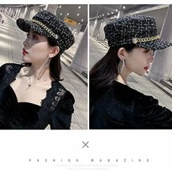 Coupon 🎁 Women Plaid-Tweed Newsboy-Baker-Boy Hat Captain-Sailor Fisherman Hat Peaked-Beret with Chain Black 🎁 -Men Skullies & Beanies Sales 51o7r6f5ssL
