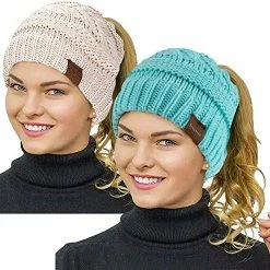 Best deal 🛒 Rosoz 2 Pack Ponytail Beanie For 👩 Women,Winter Warm Beanie Tail Soft Stretch Cable Knit Messy High Bun Hat Khaki/light Grey ✨ -Men Skullies & Beanies Sales 51oKdnN3zyL. AC