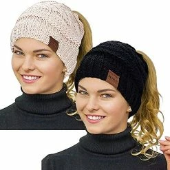 Best deal 🛒 Rosoz 2 Pack Ponytail Beanie For 👩 Women,Winter Warm Beanie Tail Soft Stretch Cable Knit Messy High Bun Hat Khaki/light Grey ✨ -Men Skullies & Beanies Sales 51qhw476bbL. AC