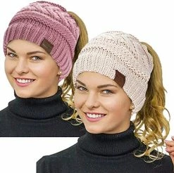 Best deal 🛒 Rosoz 2 Pack Ponytail Beanie For 👩 Women,Winter Warm Beanie Tail Soft Stretch Cable Knit Messy High Bun Hat Khaki/light Grey ✨ -Men Skullies & Beanies Sales 51vT57fo1NL. AC